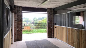 Une écurie avec des boxes en bois et un sol en béton, une porte métallique et une vue sur un paysage verdoyant, avec des arbres et un bâtiment visible au loin.