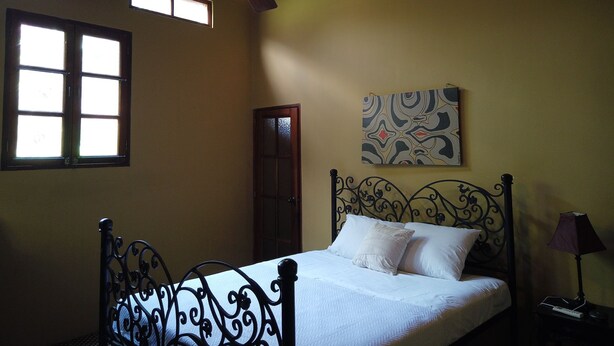 A bedroom with a bed, a ceiling fan, a window, and a painting on the wall. - Classical room in Granda (Granada)