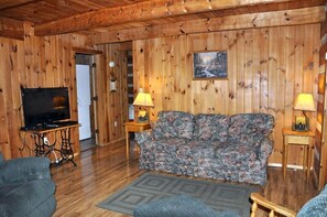 A wooden-paneled living room with a sofa, a television, and two lamps.