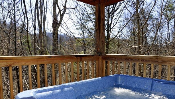 Ein Whirlpool auf einer Holzterrasse mit Blick auf ein bewaldetes Gebiet.