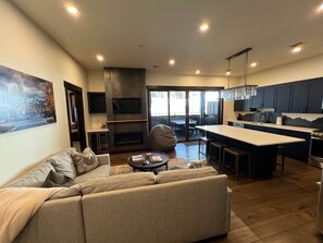 Smart TV, fireplace, books, stereo