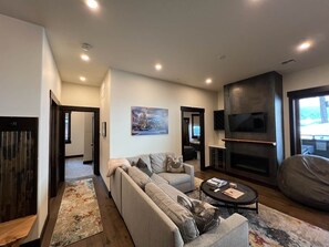 Smart TV, fireplace, books, stereo