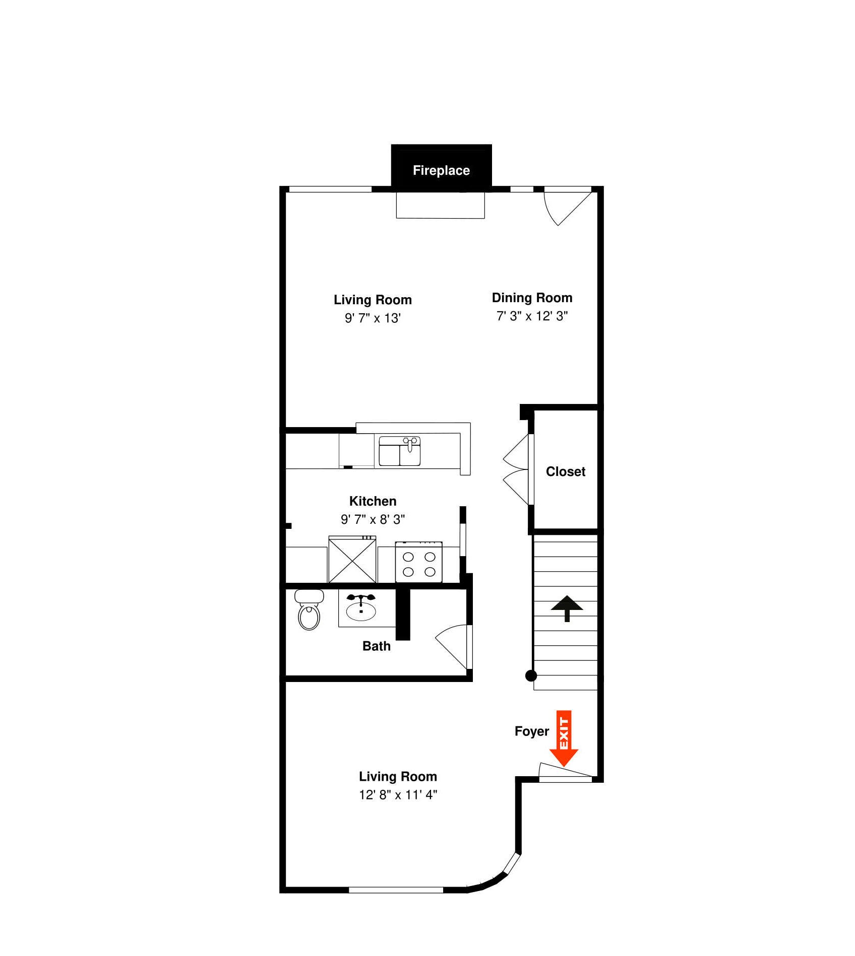 Plano de planta de una casa con chimenea, sala de estar, comedor, cocina, baño, armario y vestíbulo.