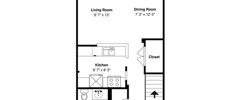 Plano de planta de una casa con chimenea, sala de estar, comedor, cocina, baño, armario y vestíbulo.