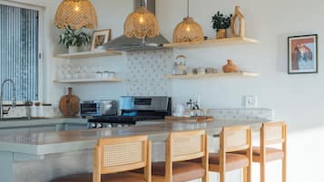 Fridge, oven, stovetop, coffee/tea maker