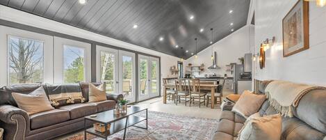 Smart TV, chimenea, biblioteca de música