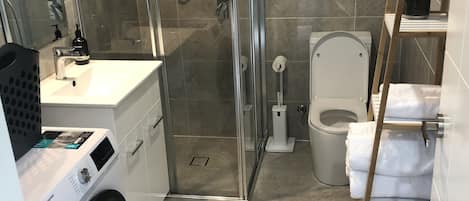 Shower, hair dryer, towels, soap