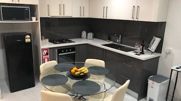 Fridge, microwave, oven, electric kettle