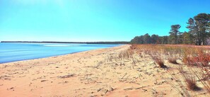 On the beach, sun-loungers, beach towels