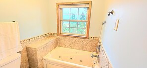 Combined shower/bathtub, jetted bath, hair dryer, towels