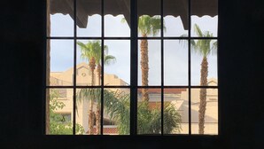 Ein Fenster mit Blick auf Palmen und Gebäude.