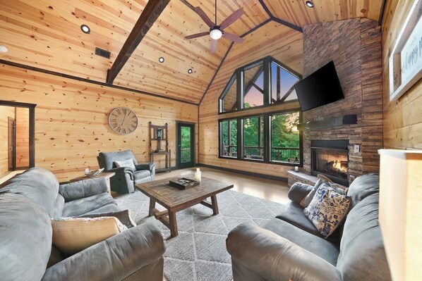 Smart TV, fireplace, books