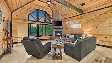 Smart TV, fireplace, books