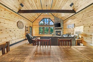 Smart TV, fireplace, books