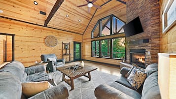 Smart TV, fireplace, books