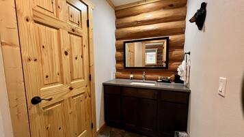 Combined shower/tub, hair dryer, towels