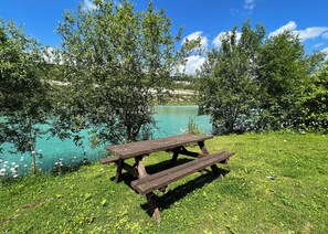 Une table de pique-nique au bord d’un lac, entourée d’arbres et d’herbe.