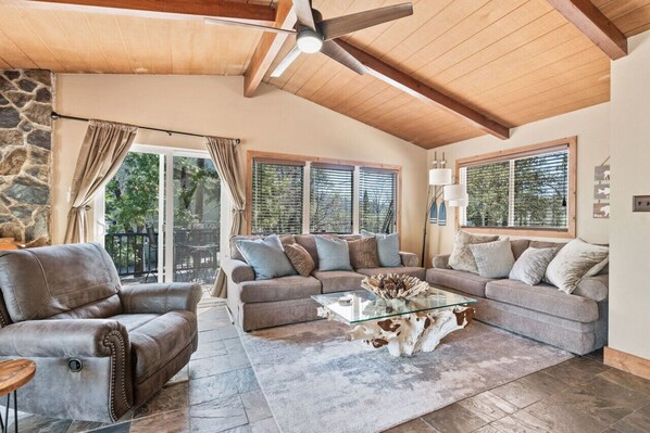 Smart TV, fireplace, books