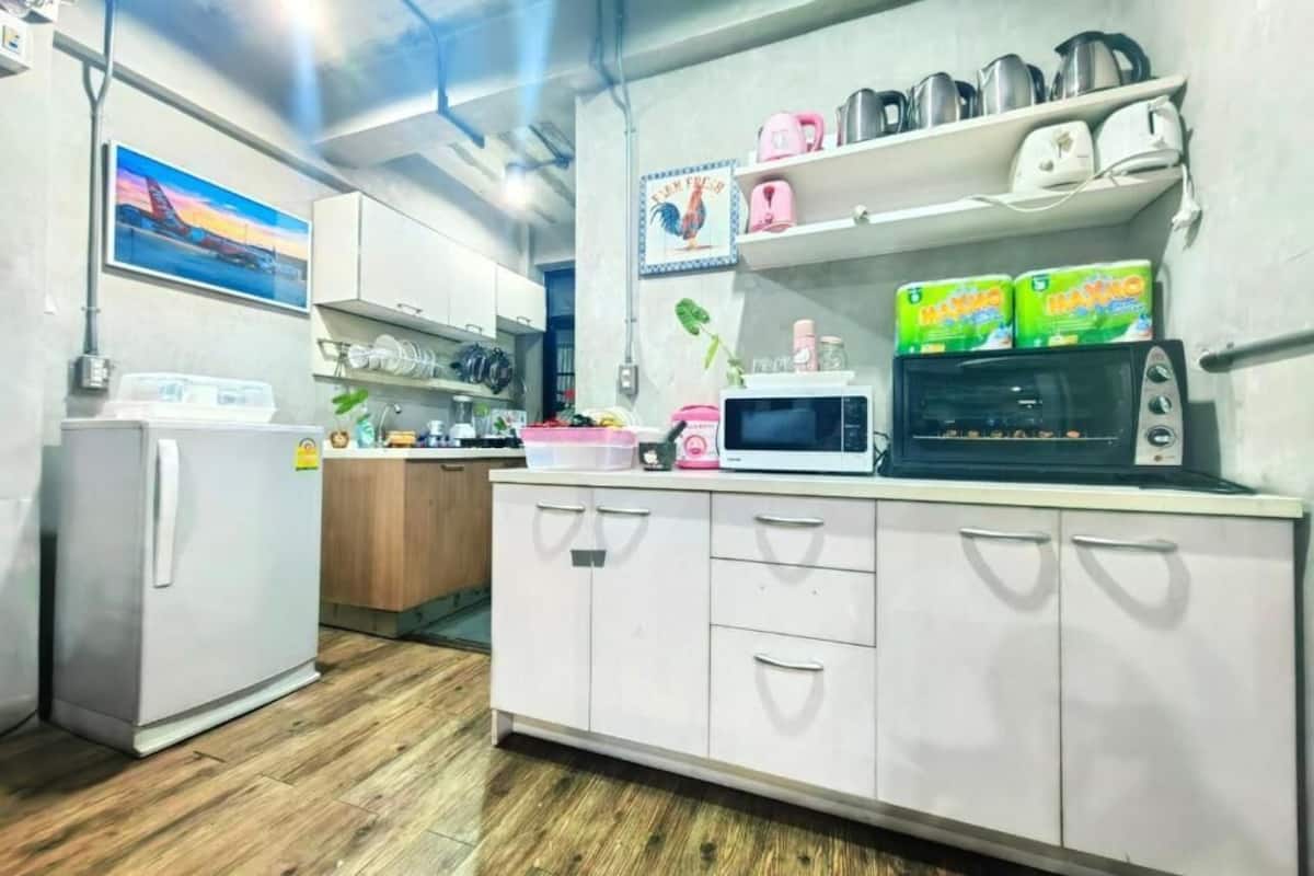 fridge, microwave, toaster, rice cooker