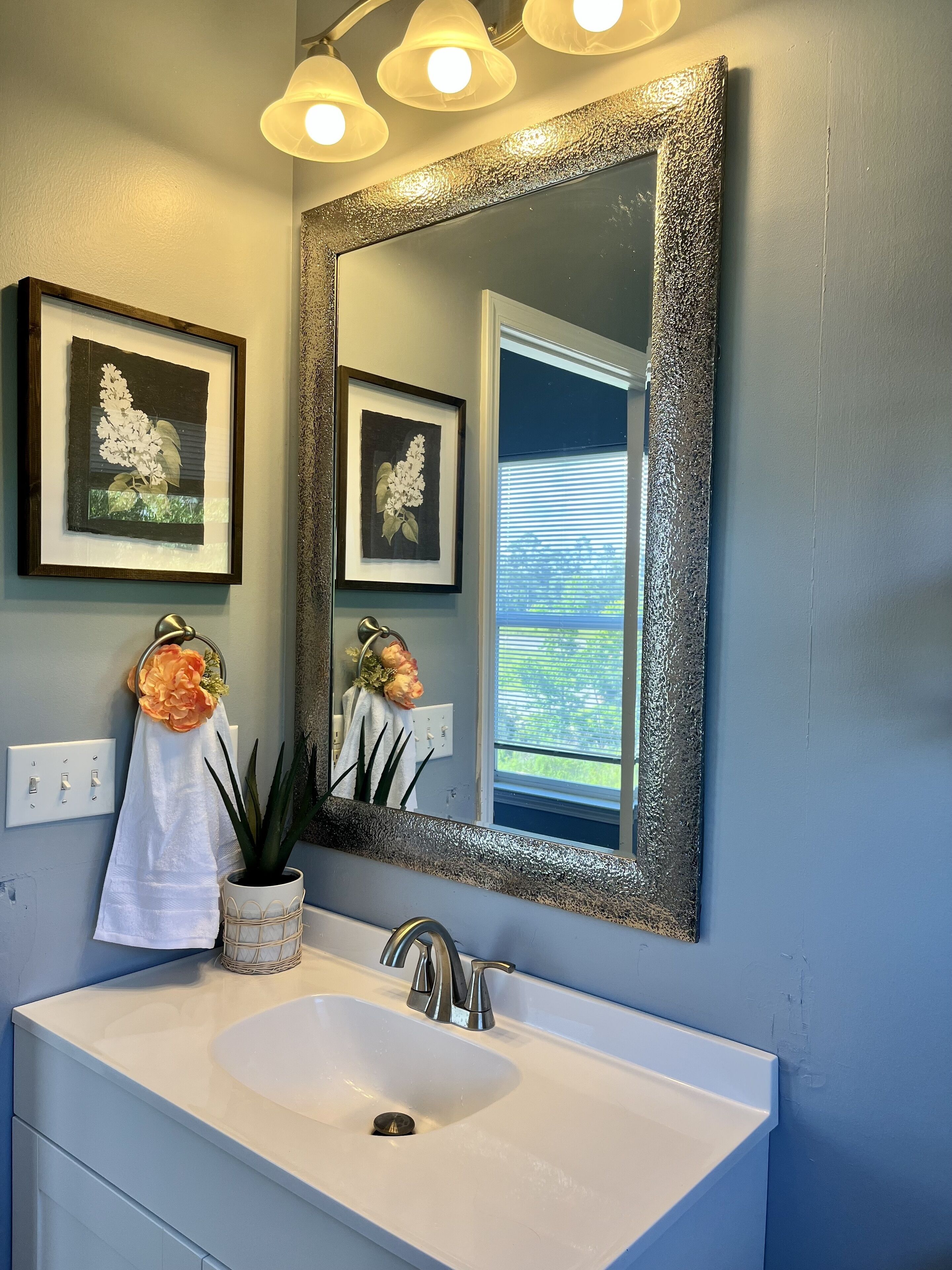 A bathroom with a white sink, a large mirror with a textured frame, and two framed botanical prints on the wall.