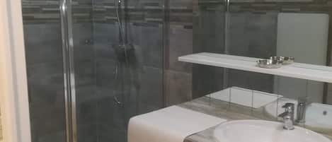 Shower, hair dryer, towels, toilet paper