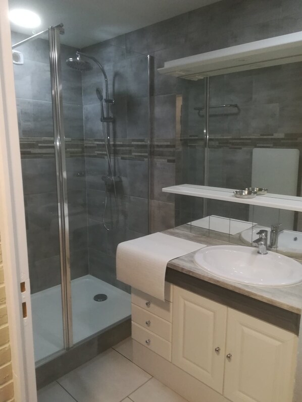 Douche, séchoir à cheveux, serviettes fournies, papier de toilette