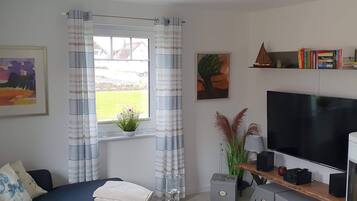 Smart TV, chimenea, reproductor de DVD y biblioteca musical