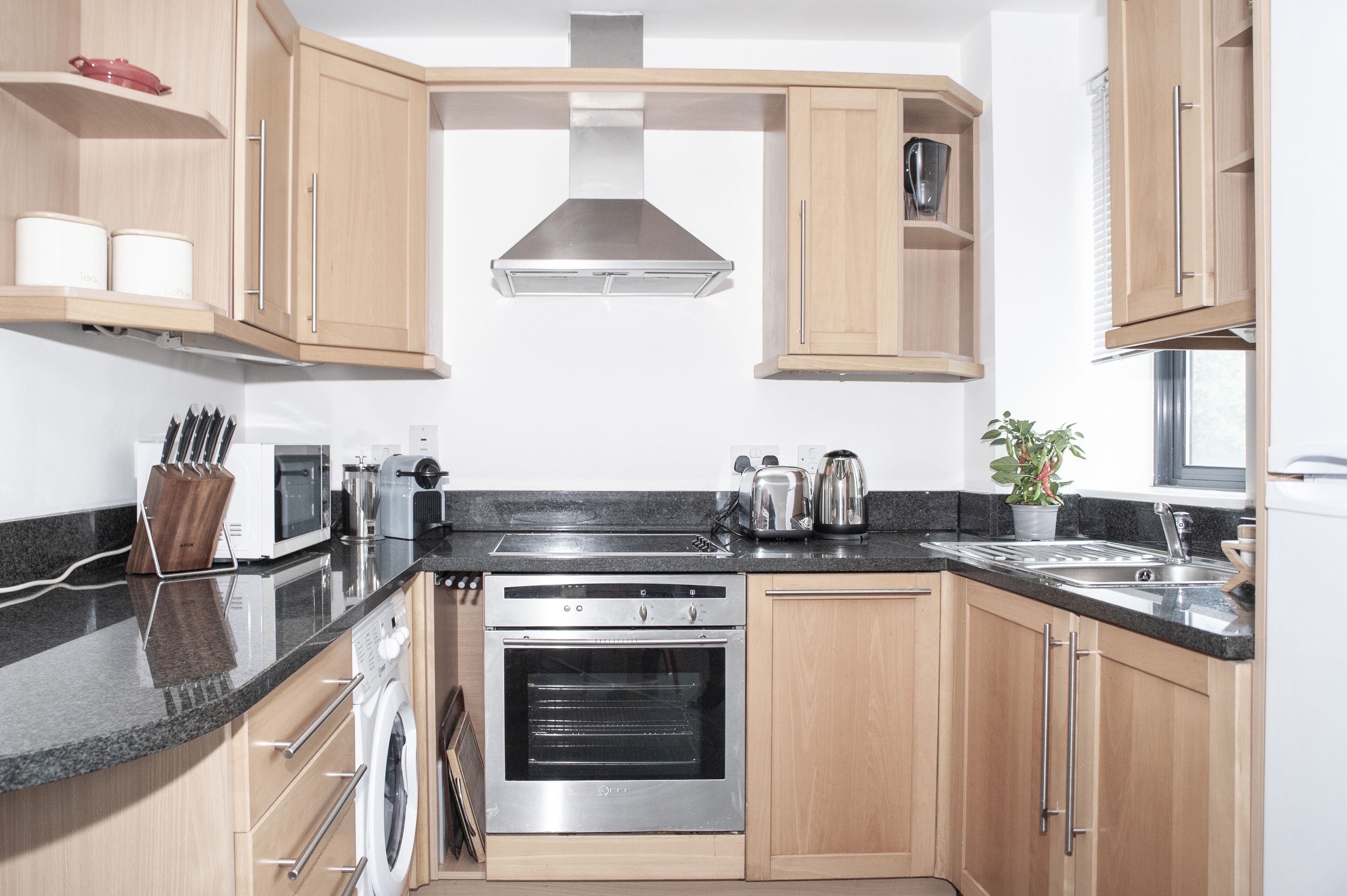 Fridge, microwave, oven, dishwasher