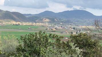 Paesaggio rurale con campi, un piccolo paese e montagne sullo sfondo.