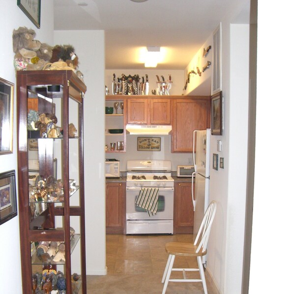 Kitchen area with a stove, microwave, toaster, and refrigerator, featuring a chair and rug.