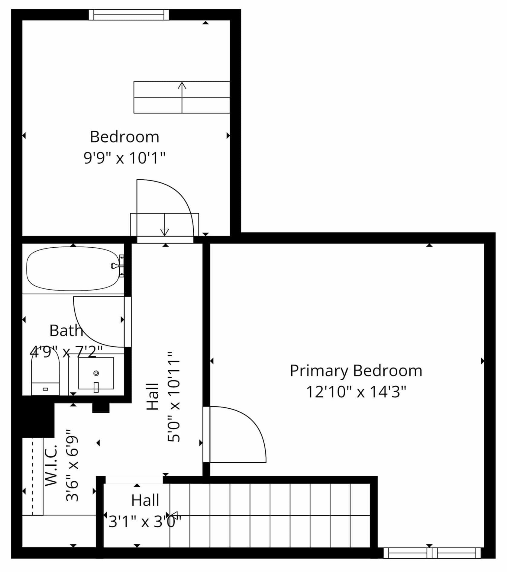 Un plan d’étage comprenant une chambre à coucher de 2,97 m x 3,08 m, une salle de bain de 1,45 m x 2,13 m, une chambre principale de 3,96 m x 4,34 m, un couloir de 1,52 m x 3,33 m et un dressing de 1,07 m x 2,06 m.