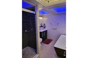 Shower, towels, soap, shampoo