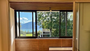 Une pièce dotée d’une grande fenêtre donnant sur un lac, des montagnes et un immeuble avec un balcon.