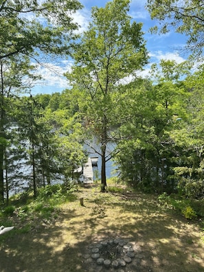 A natural setting with a wooden deck overlooking a body of water, surrounded by dense trees and a clear sky.