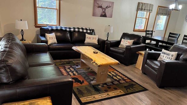 A living room with a brown leather sofa, a wooden coffee table, and a patterned rug. There are two windows with curtains, a wall-mounted deer picture, and a lamp on a side table. - The Hideaway: A Private Cabin in the North Maine Woods (Mount Chase)