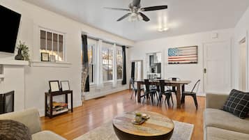 Smart TV, fireplace, books