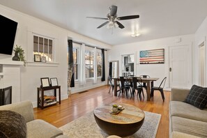 Smart TV, fireplace, books