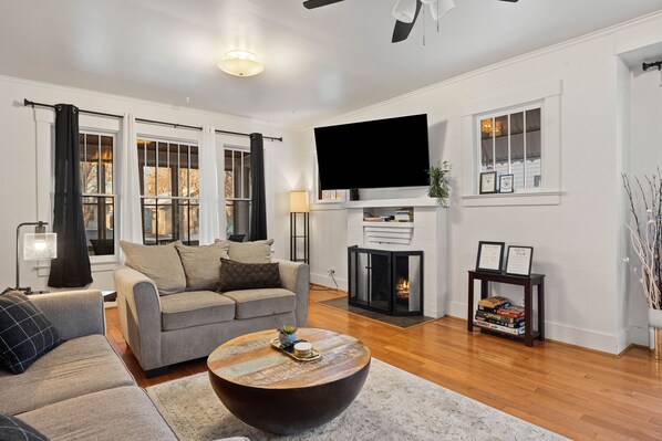 Smart TV, fireplace, books