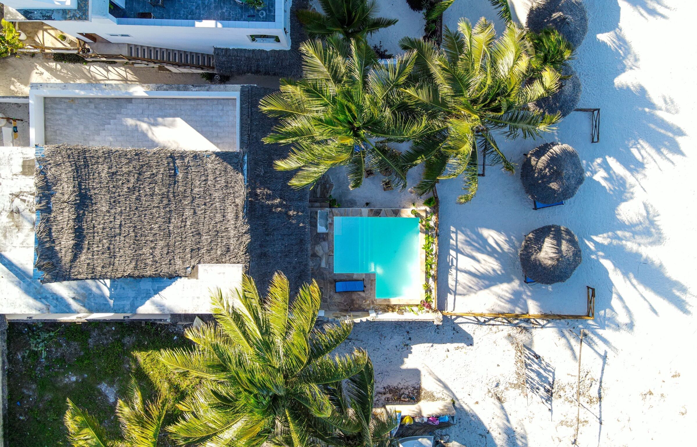 An aerial view of a resort with a swimming pool, palm trees, and a thatched-roof area.
