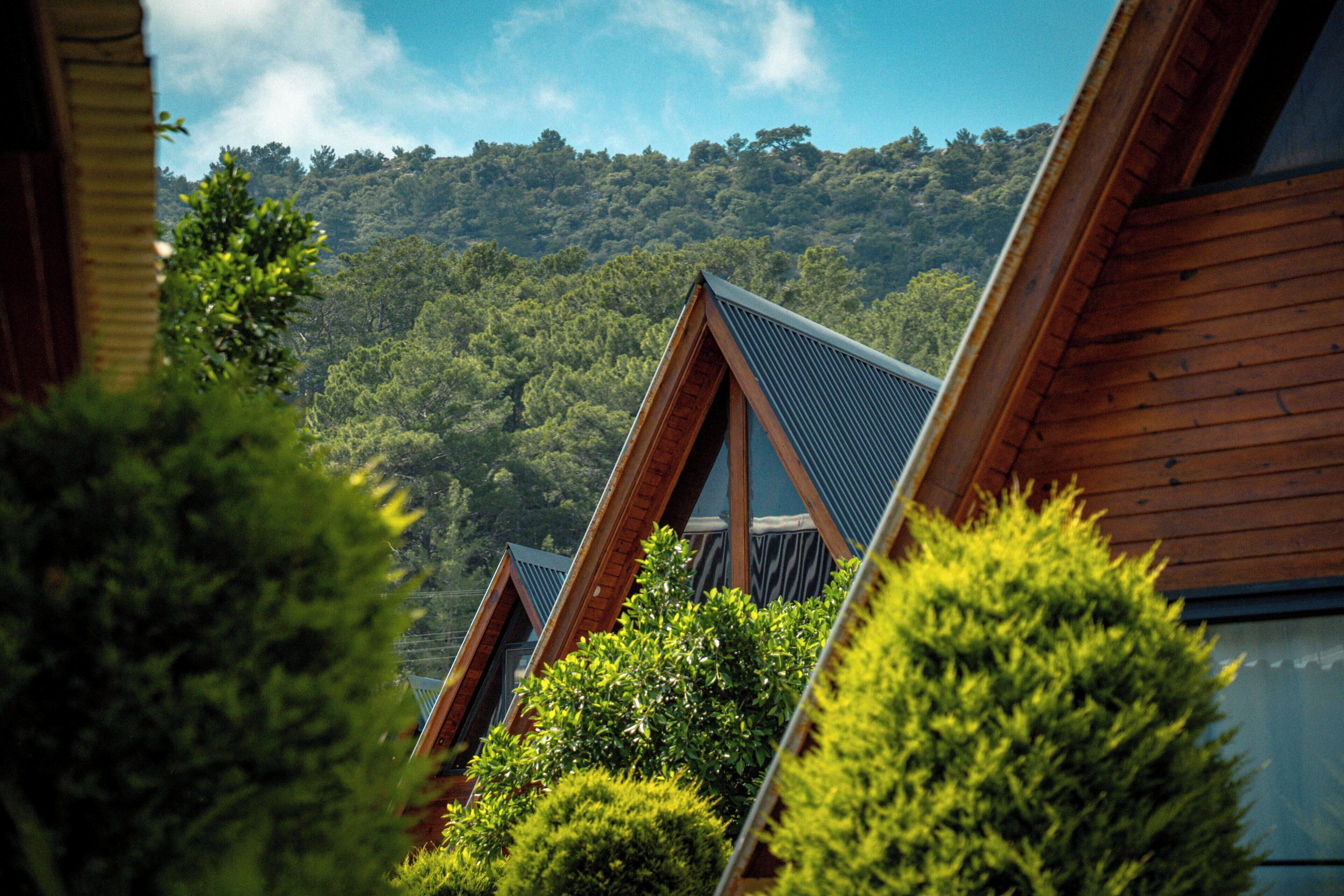 A row of triangular-roofed cabins with a forested hillside in the background.