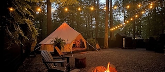 A luxurious glamping tent nestled in the trees.