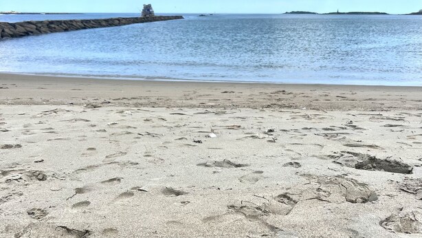 Ein sandiger Strand mit Fußspuren, die zu einem felsigen Wellenbrecher führen.