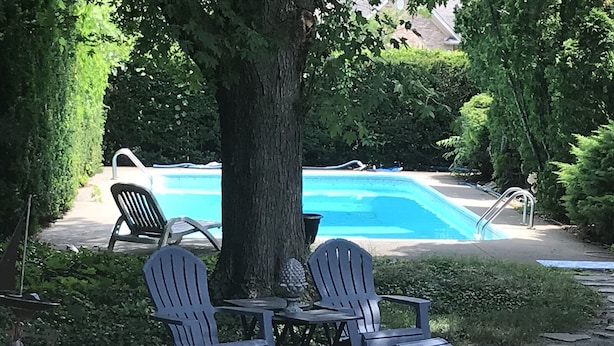 Zona de piscina con mesa y sillas, rodeada de follaje y un árbol.