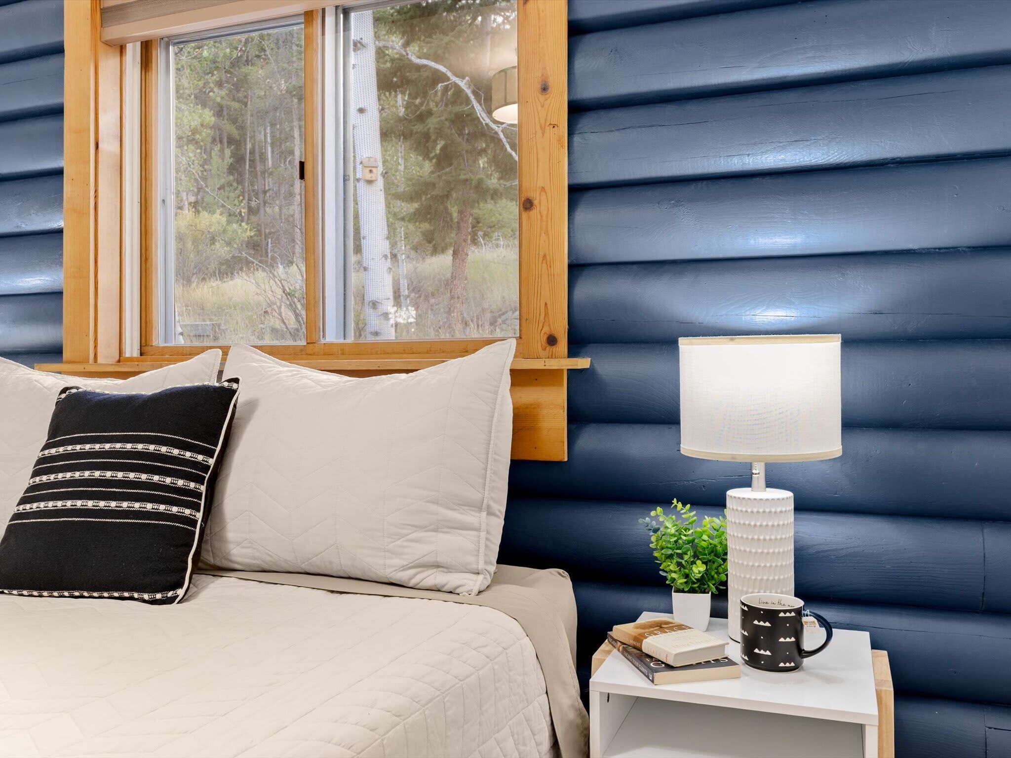 A bedroom with a bed, pillows, a nightstand with a lamp, a small plant, and a book.