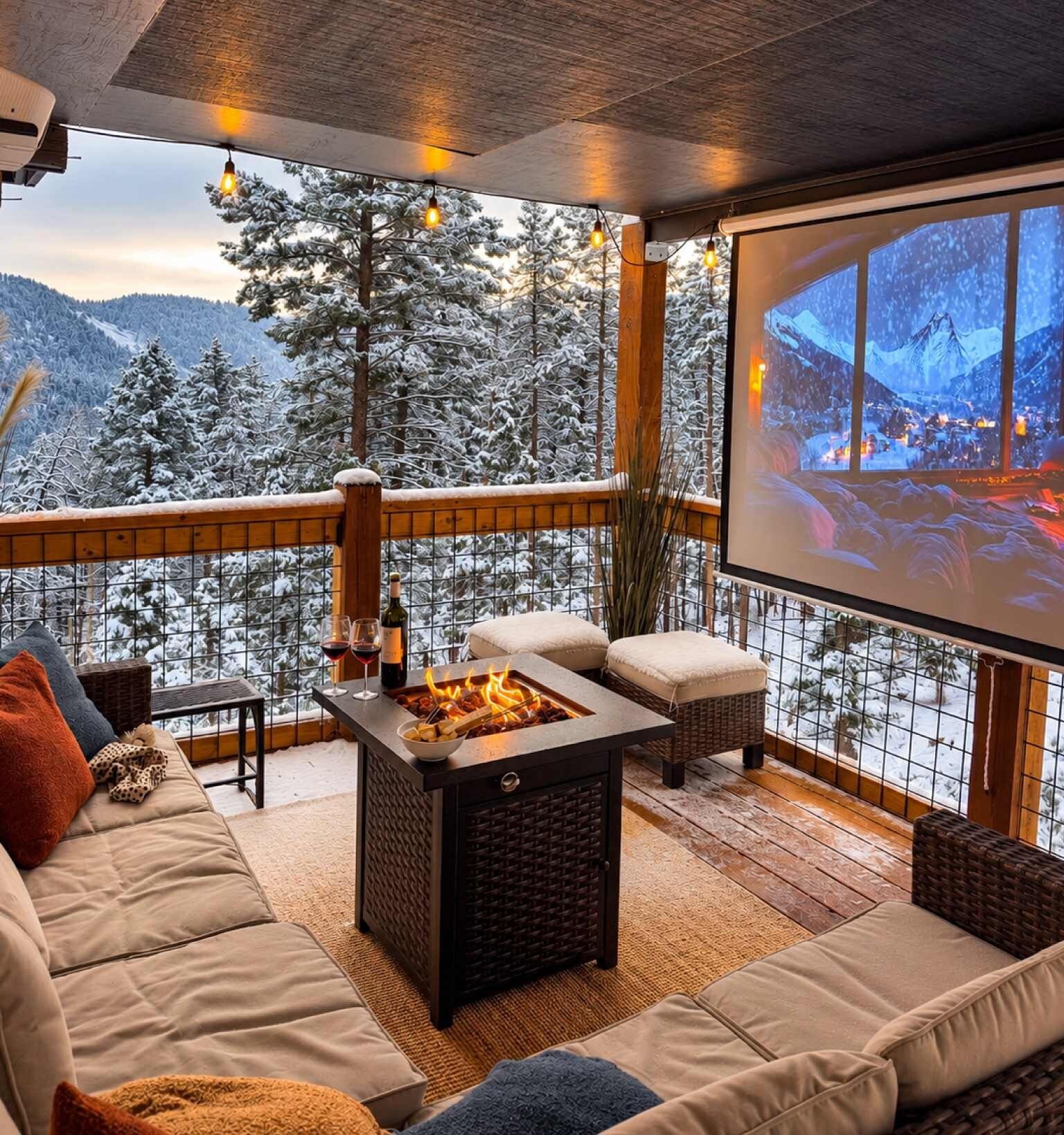 A cozy outdoor seating area with a fire pit, a sofa, and a large screen displaying a snowy mountain scene.
