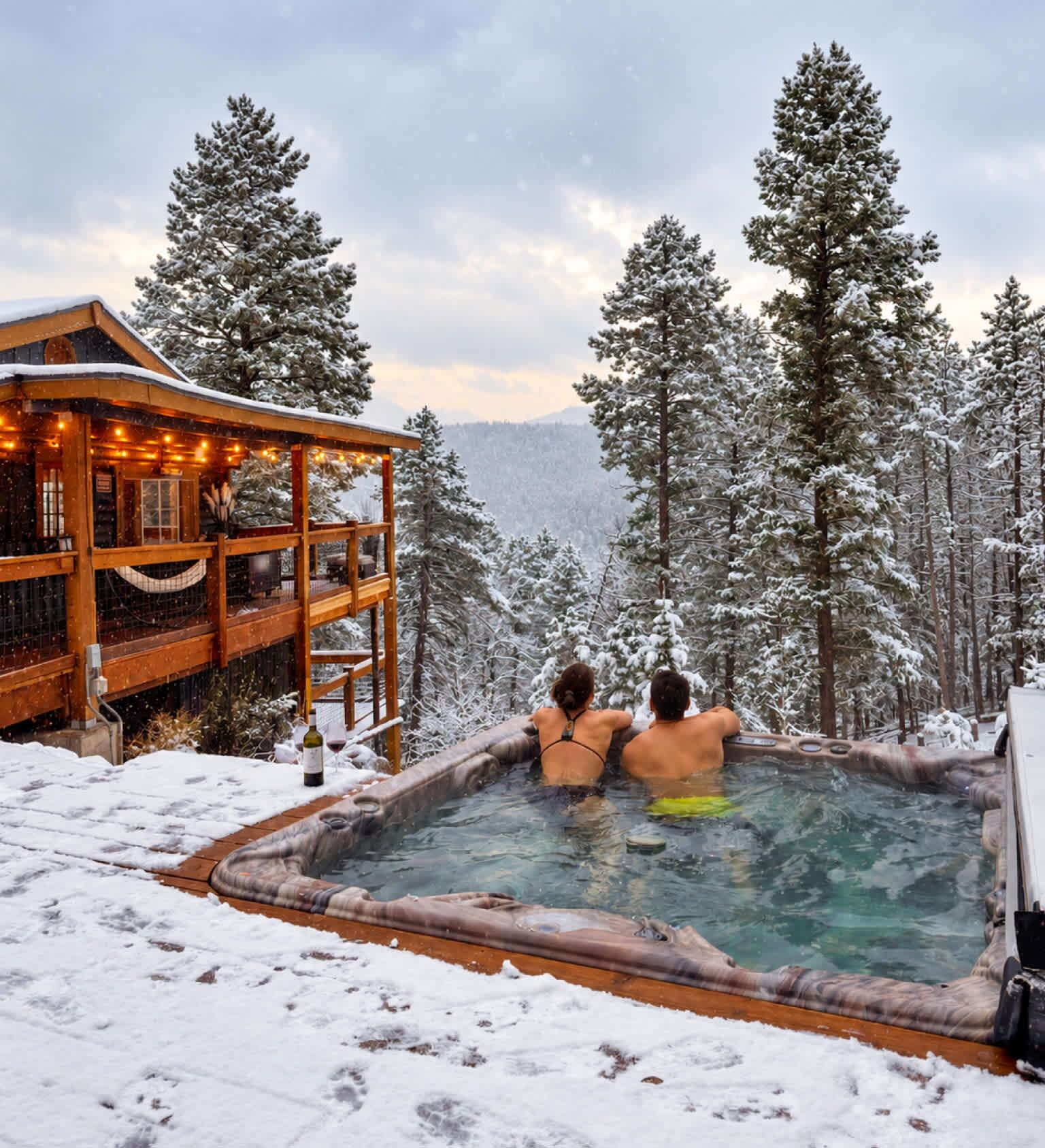 A hot tub surrounded by snow-covered trees, with a wooden building in the background.