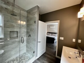 Bathtub, hair dryer, towels, soap