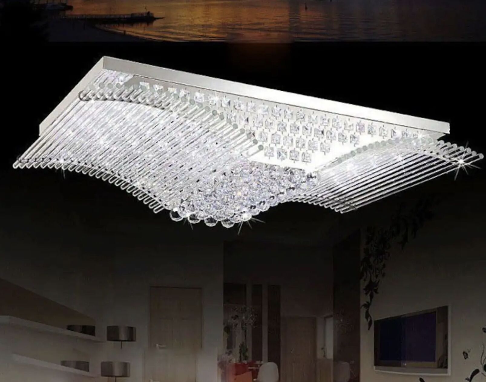 A modern chandelier with a geometric design and multiple light sources.