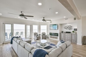 Smart TV, fireplace, books