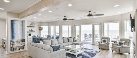 Smart TV, fireplace, books